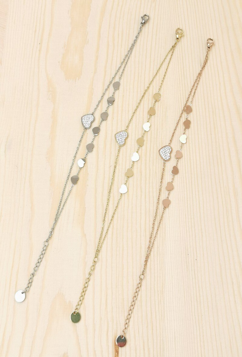 Grossiste Glam Chic - Bracelet double chaîne coeur avec strass en acier inoxydable