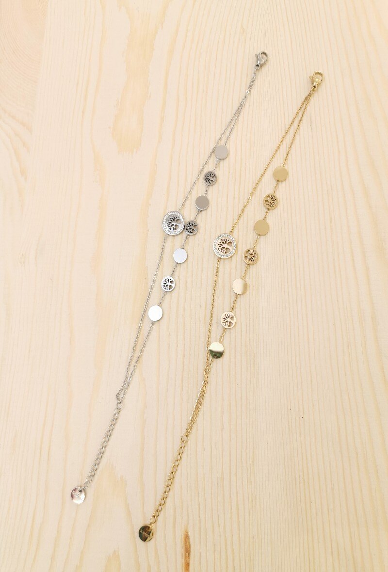 Grossiste Glam Chic - Bracelet double chaîne arbre de vie avec strass en acier inoxydable