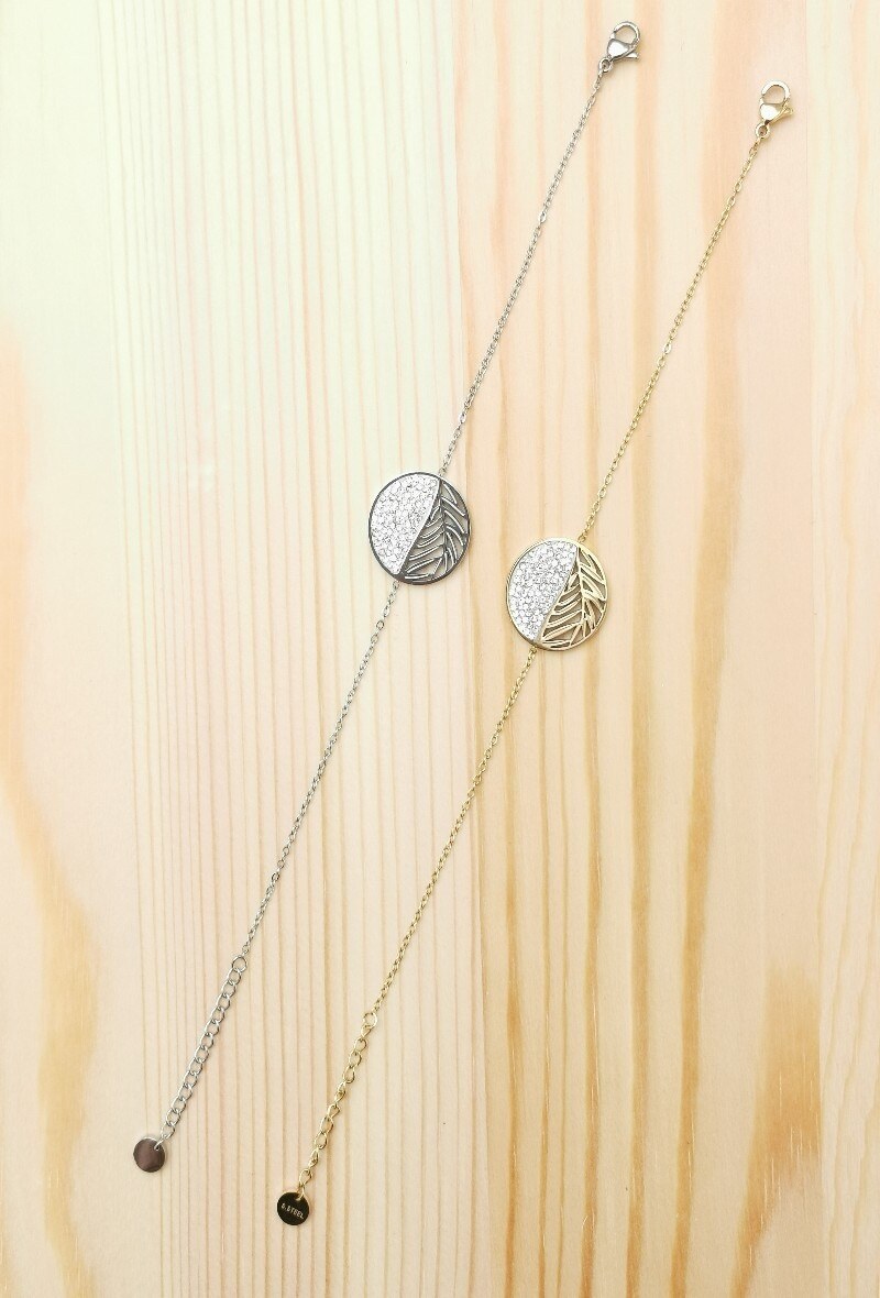 Grossiste Glam Chic - Bracelet feuille et strass en acier inoxydable