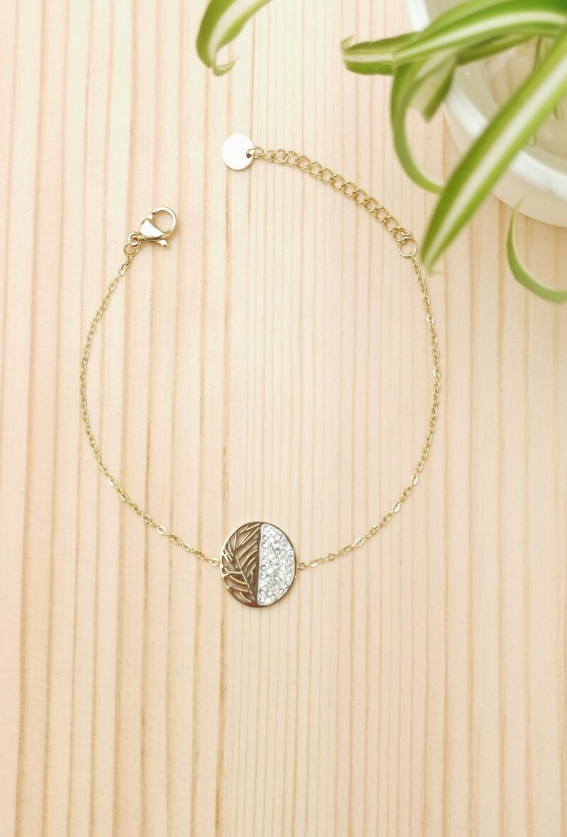 Wholesaler Glam Chic - Stainless steel leaf and rhinestone bracelet