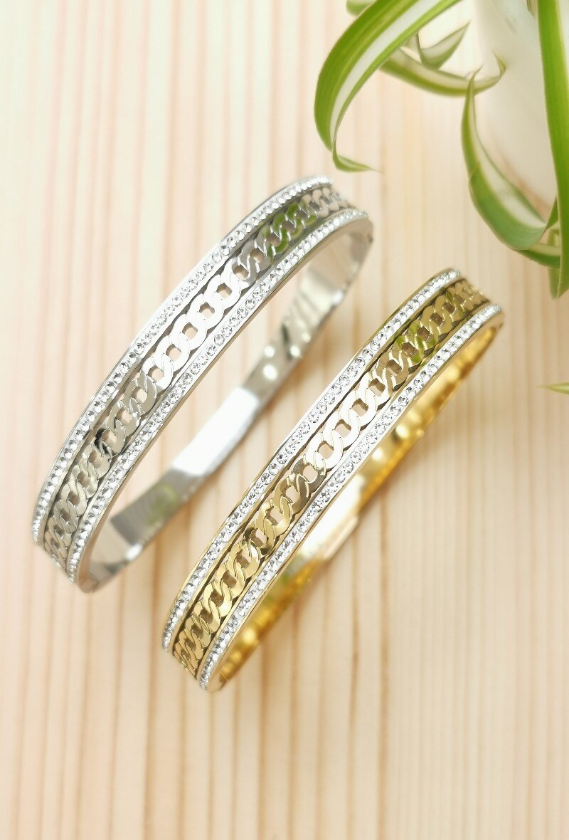 Grossiste Glam Chic - Bracelet rigide avec strass en acier inoxydable