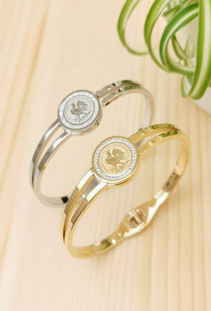 Grossiste Glam Chic - Bracelet rigide Coq avec strass en acier inoxydable