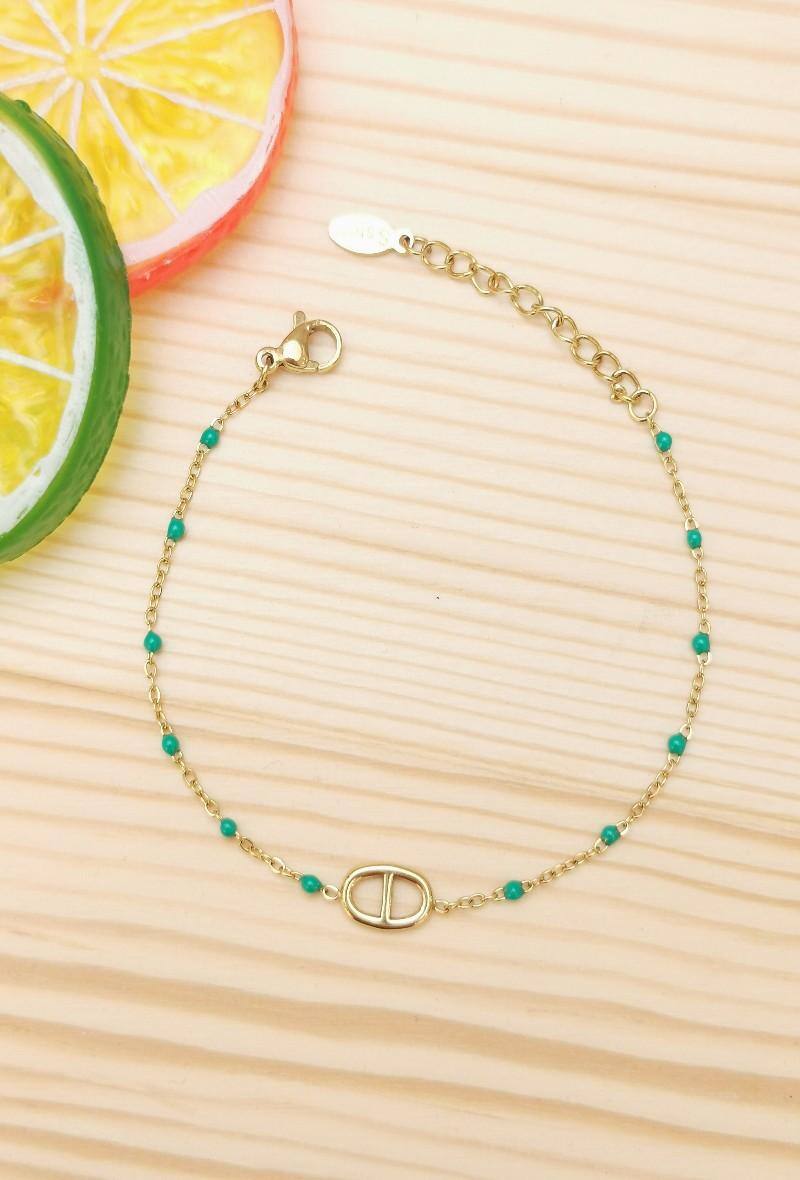 Grossiste Glam Chic - Bracelet perle de couleur avec ovale en acier inoxydable