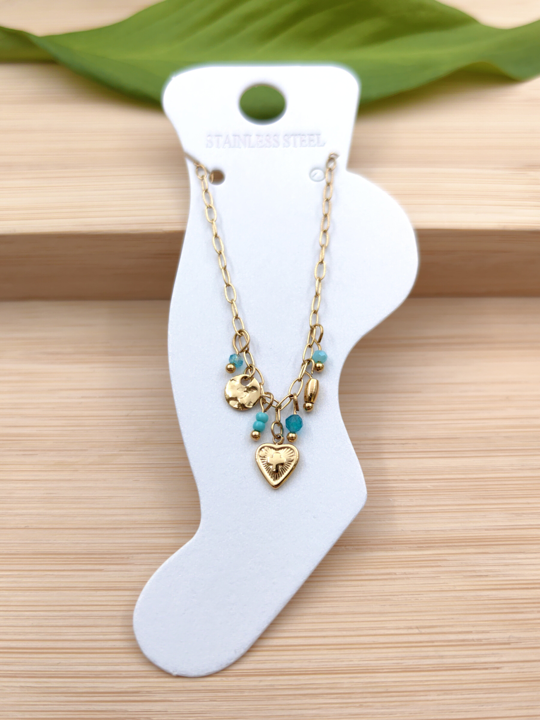 Wholesaler Glam Chic - Ankle chain with heart, round stainless steel hearts, round steel pearls