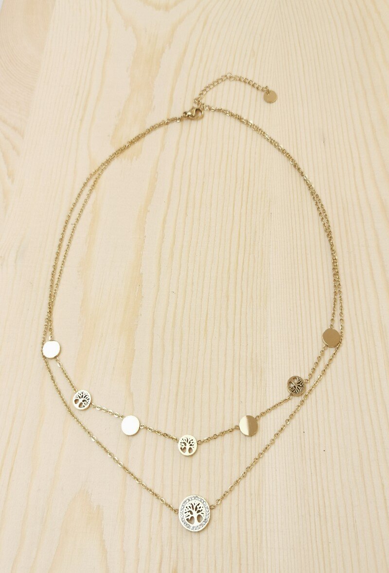 Grossiste Glam Chic - Collier double chaîne arbre de vie avec strass en acier inoxydable