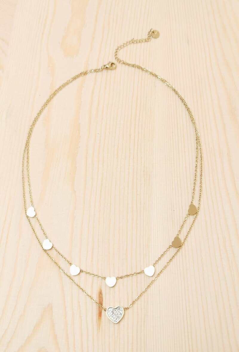 Grossiste Glam Chic - Collier double chaîne coeur avec strass en acier inoxydable