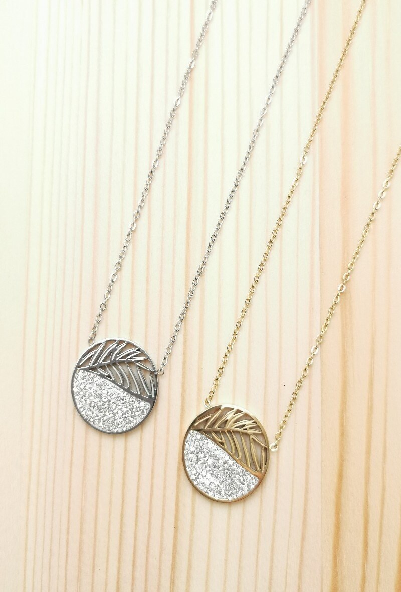Grossiste Glam Chic - Collier cercle feuille et strass en acier inoxydable