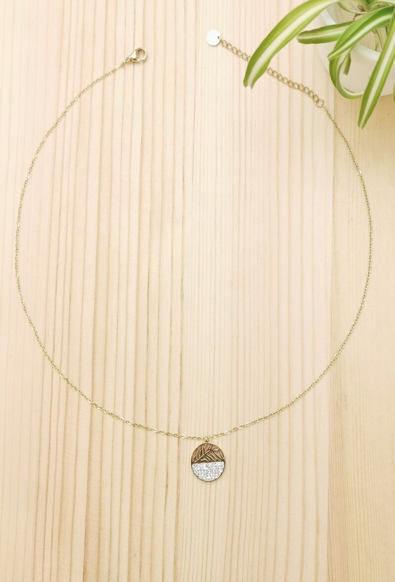Wholesaler Glam Chic - Circle leaf and rhinestone necklace in stainless steel