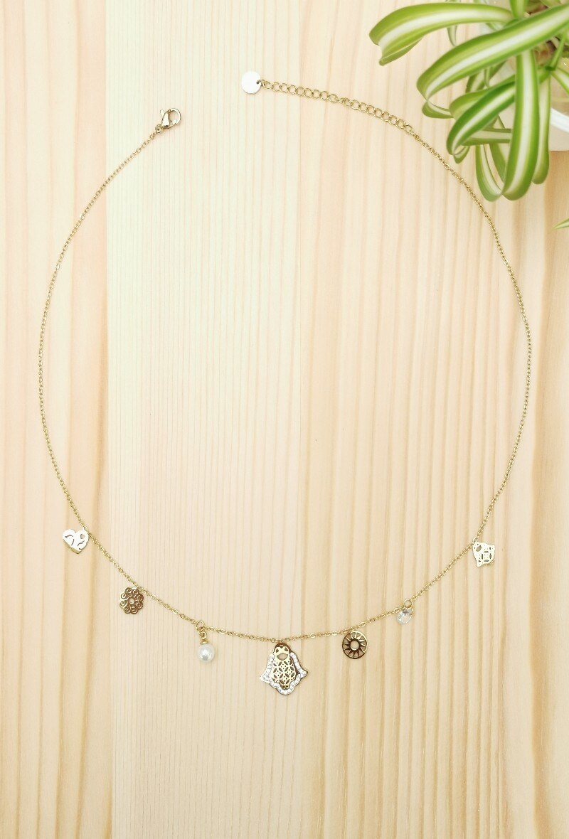 Grossiste Glam Chic - Collier breloque main de fatma avec strass en acier inoxydable