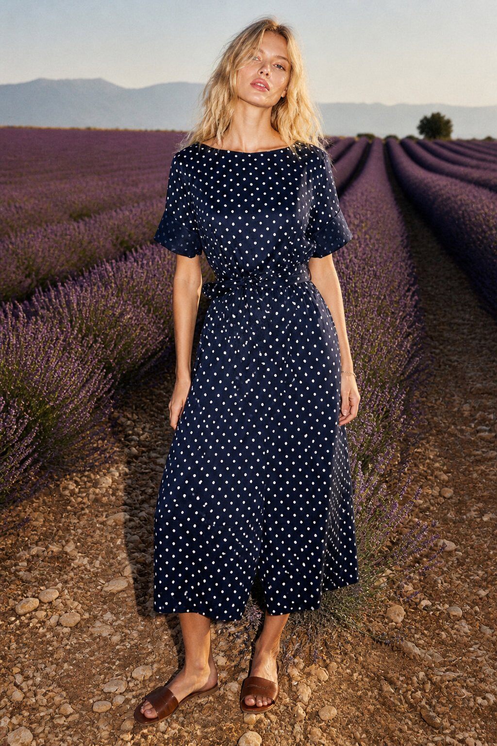 Mayorista Elle Street - VESTIDO LARGO FLUIDO DE LUNARES – CON CINTURÓN – ALGODÓN