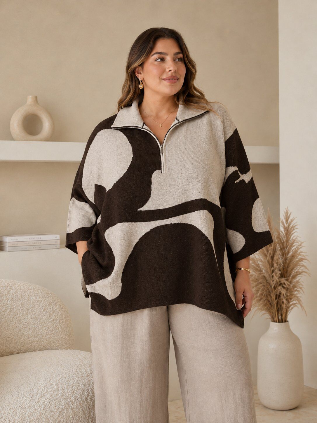 Grossiste Go Pomelo - Pull oversize col zippé imprimé