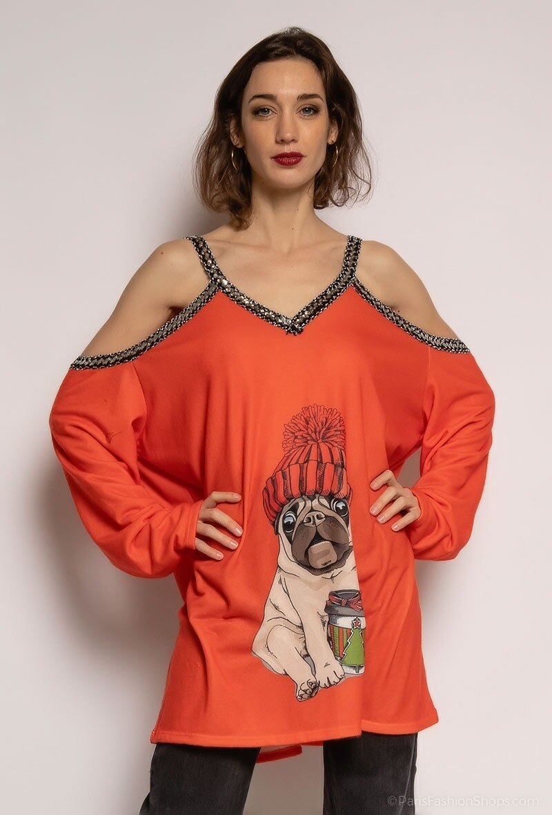 Wholesaler Go Pomelo - Christmas print off shoulder tunic