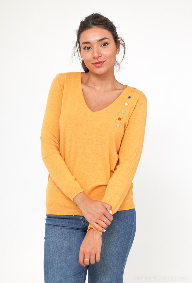 Wholesaler Gold Fashion - V-neck sweater with multi-colored buttons on the side