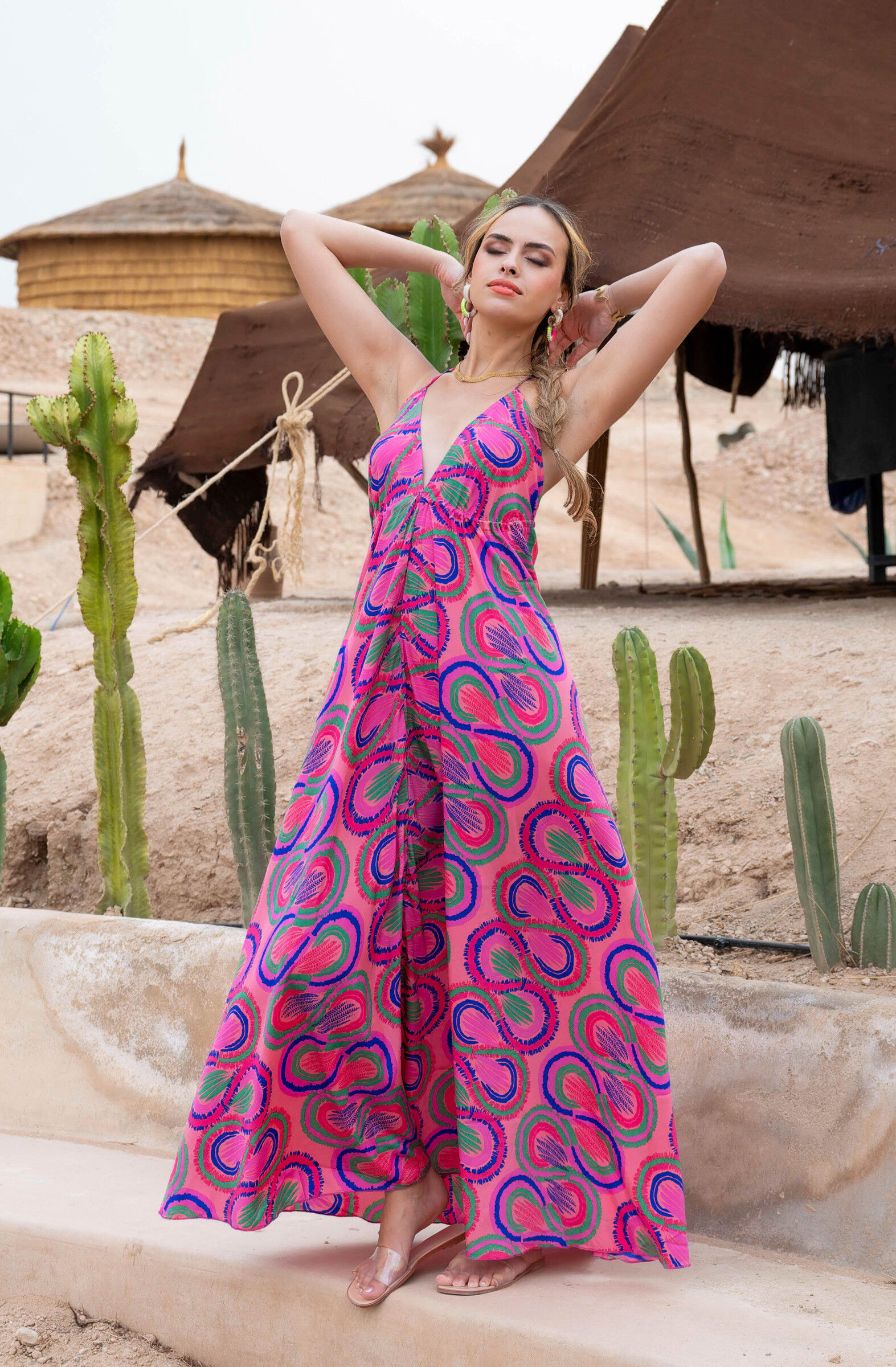 Mayorista Gold & Silver - PATTI vestidos espalda descubierta viscosa estampada tocada con seda