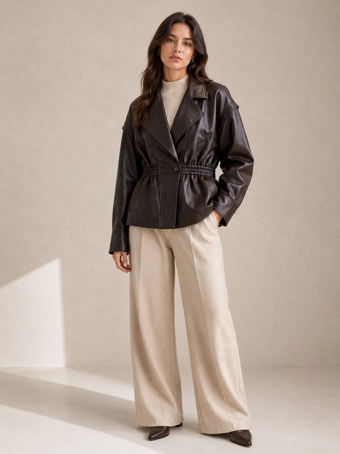 Grossiste Golden Days - G&D - Veste effet cuir à taille élastiquée et grand col à revers