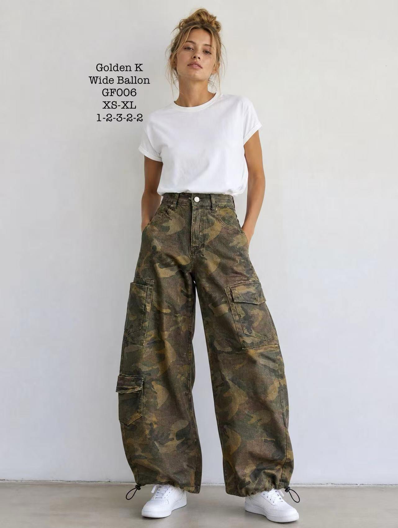 Grossiste GOLDEN K - Pantalon jean, imprimé camouflage, coupe cargo wide balloon