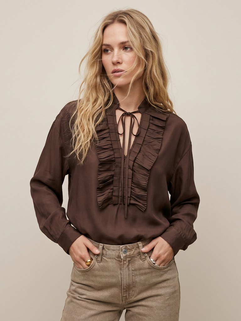 Großhändler Golden Live - Tencel-Bluse mit plissierten Rüschen Großhändler Golden Live - Tencel-Bluse mit plissierten Rüschen