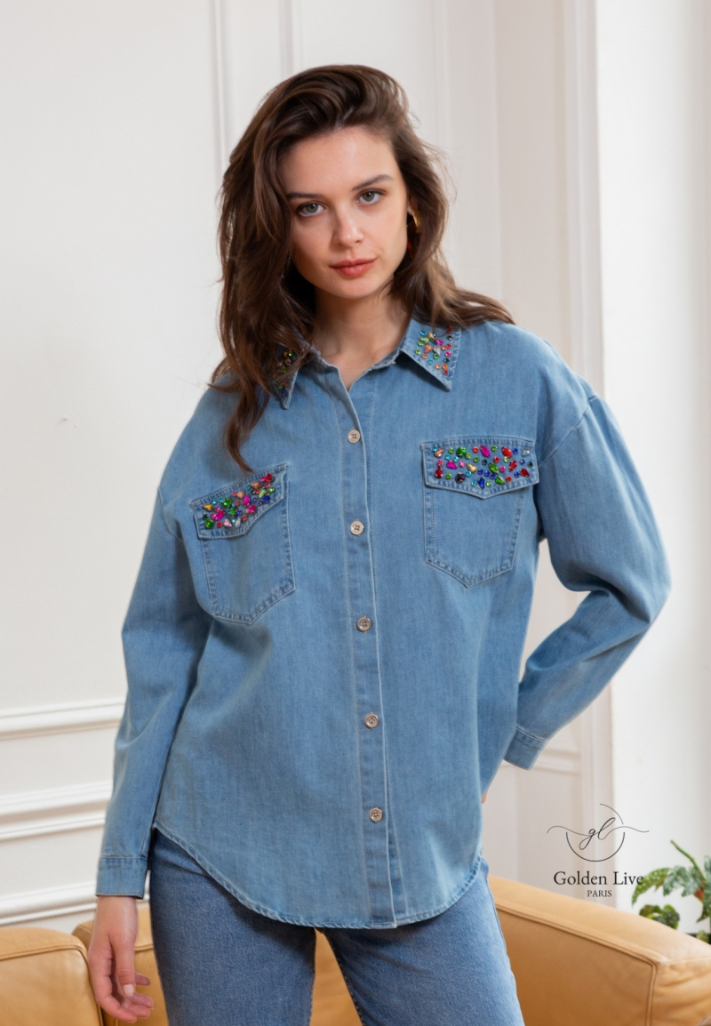 Grossista Golden Live - Camicia di jeans con strass multicolori