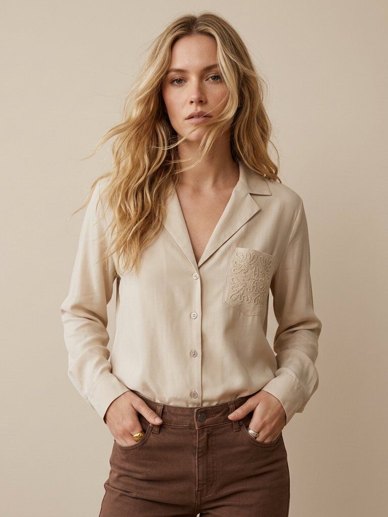 Grossiste Golden Live - Chemise en tencel avec poche brodée