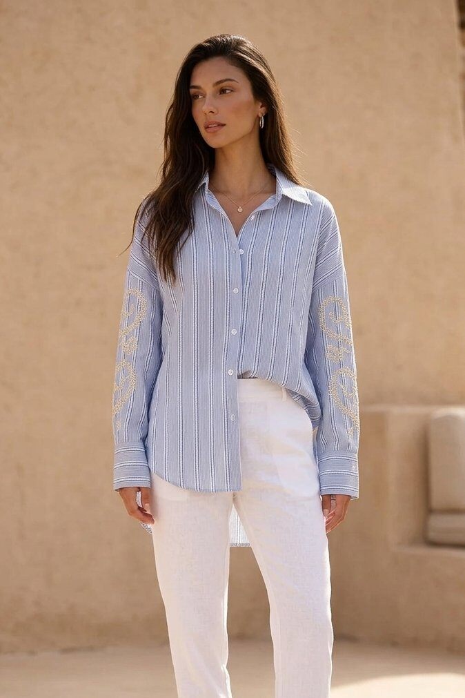 Wholesaler Golden Live - Oversized embroidered striped cotton shirt