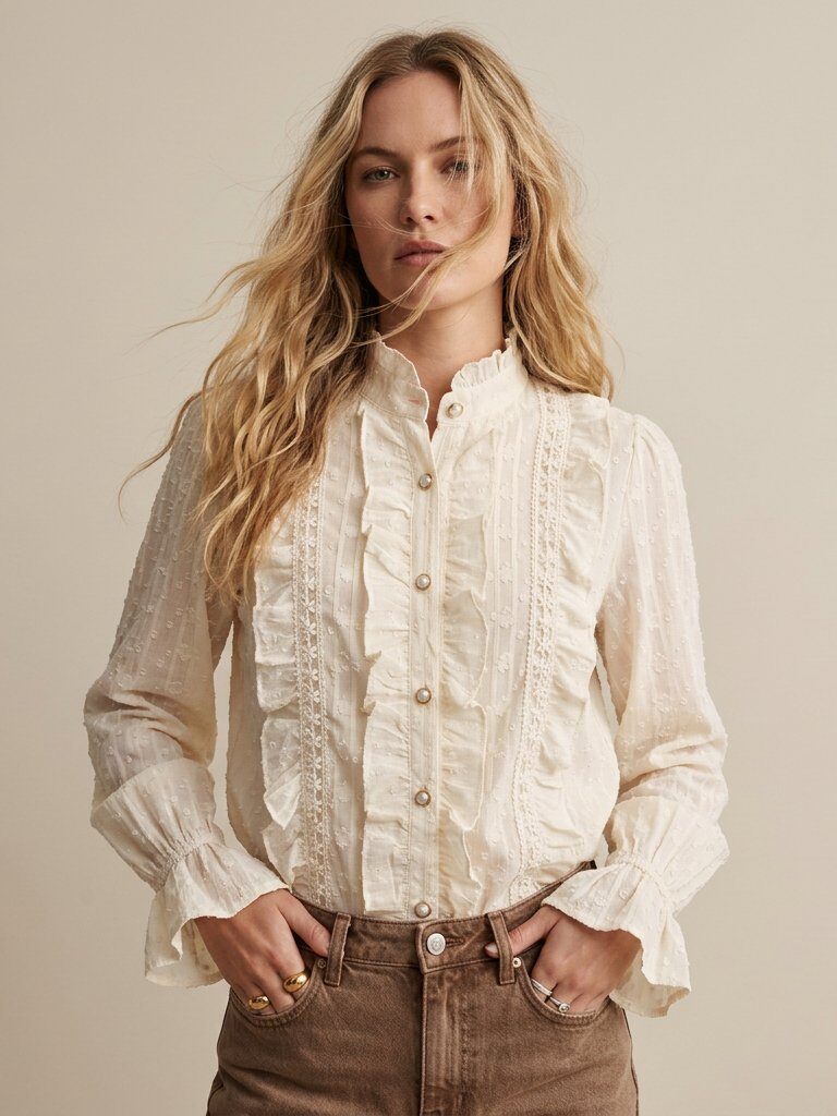 Mayorista Golden Live - Camisa con cuello de volante texturizado