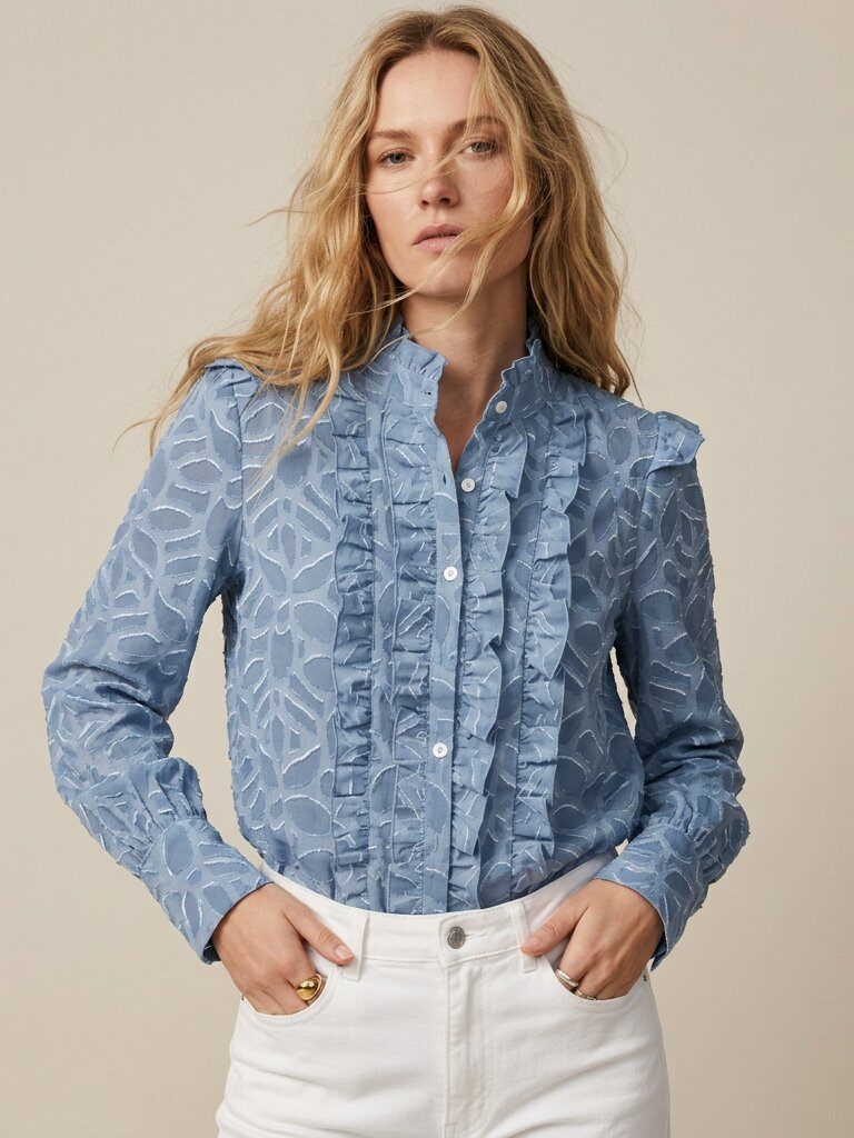 Grossiste Golden Live - Chemise col jabot à motif texturé et brillant