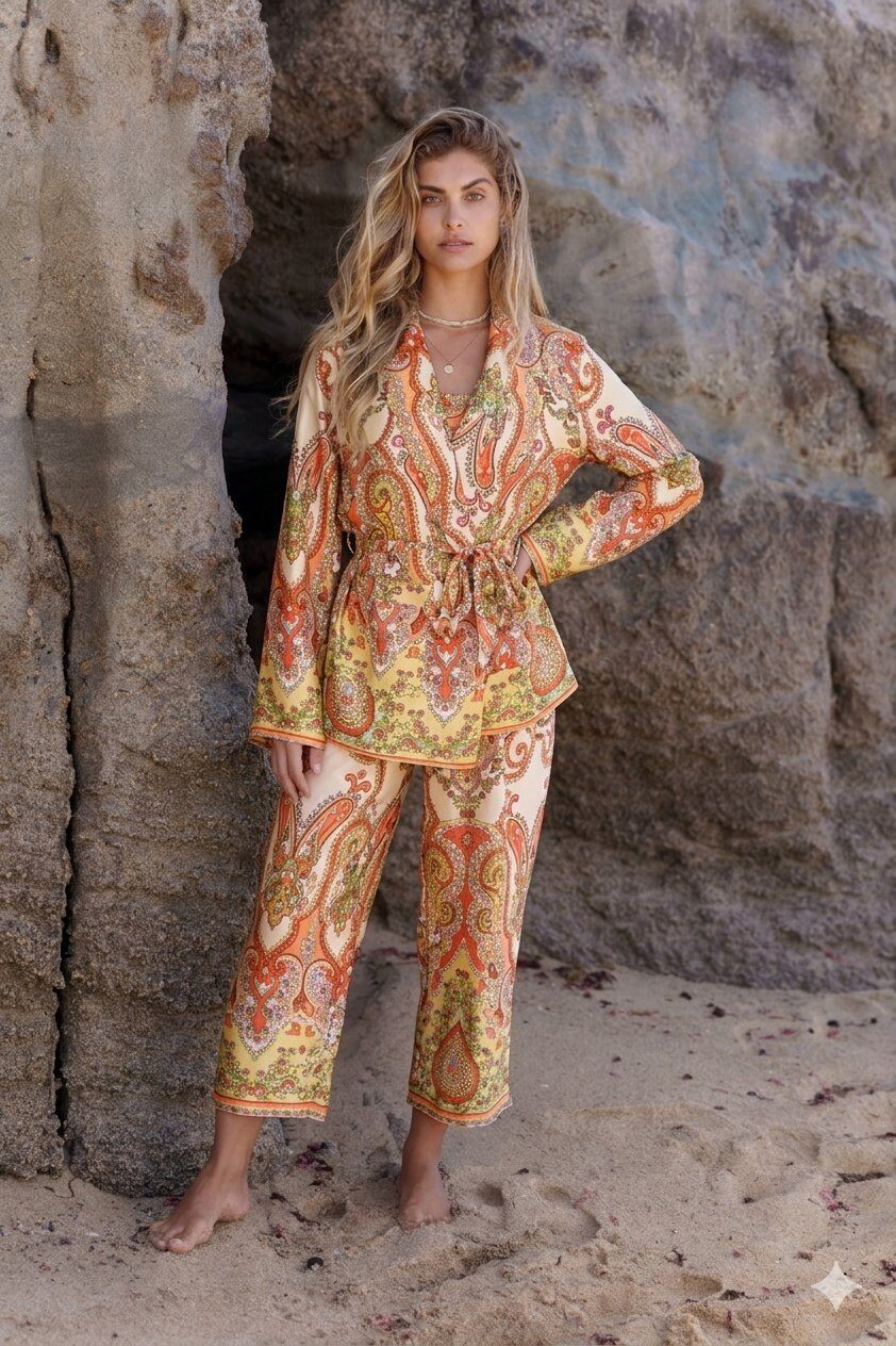 Großhändler Golden Live - Bedrucktes Satin-Set mit Top, Weste und Hose