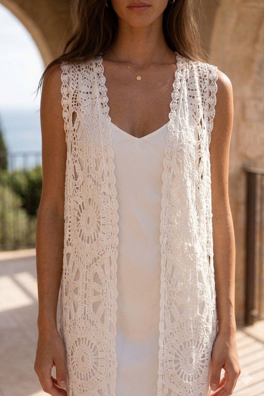 Grossiste Golden Live - Gilet long crochet ajouré sans manches