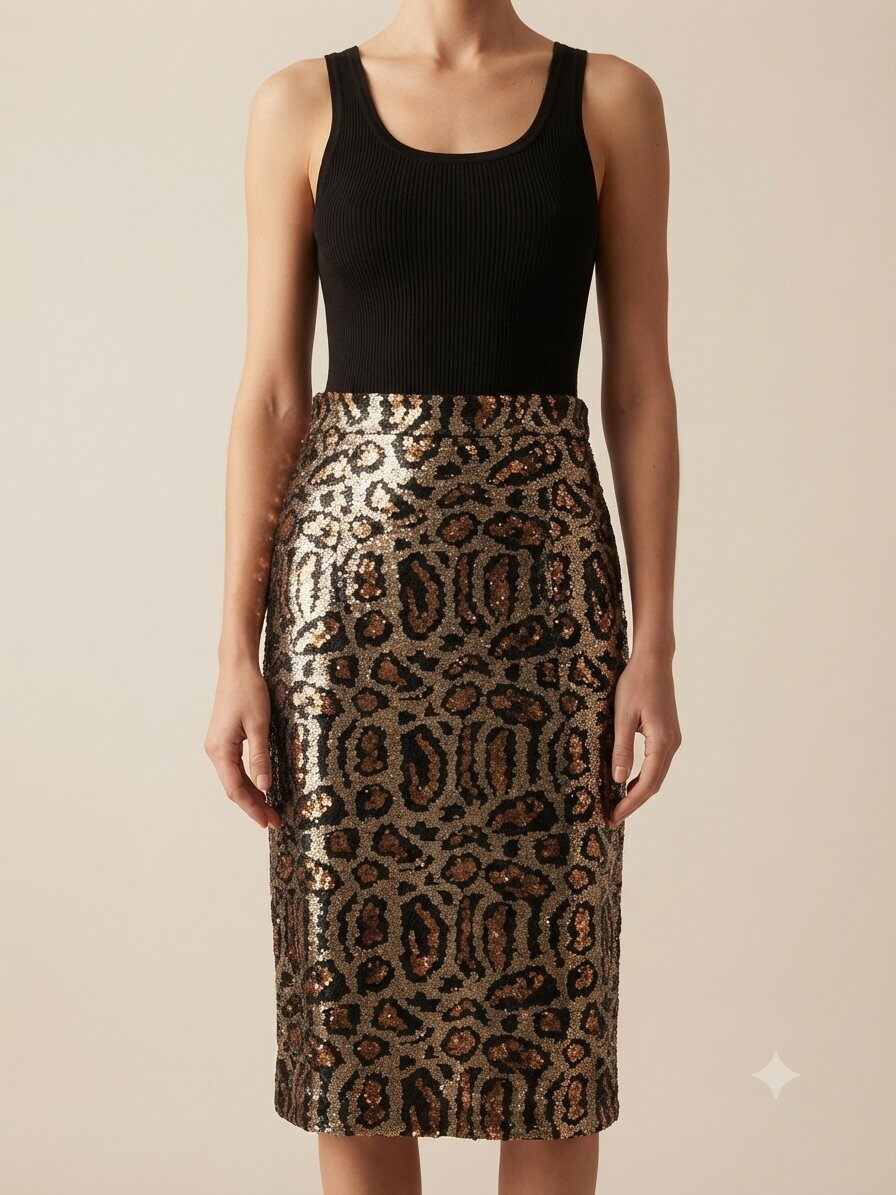 Grossiste Golden Live - Midi skirt en sequin motif leopard