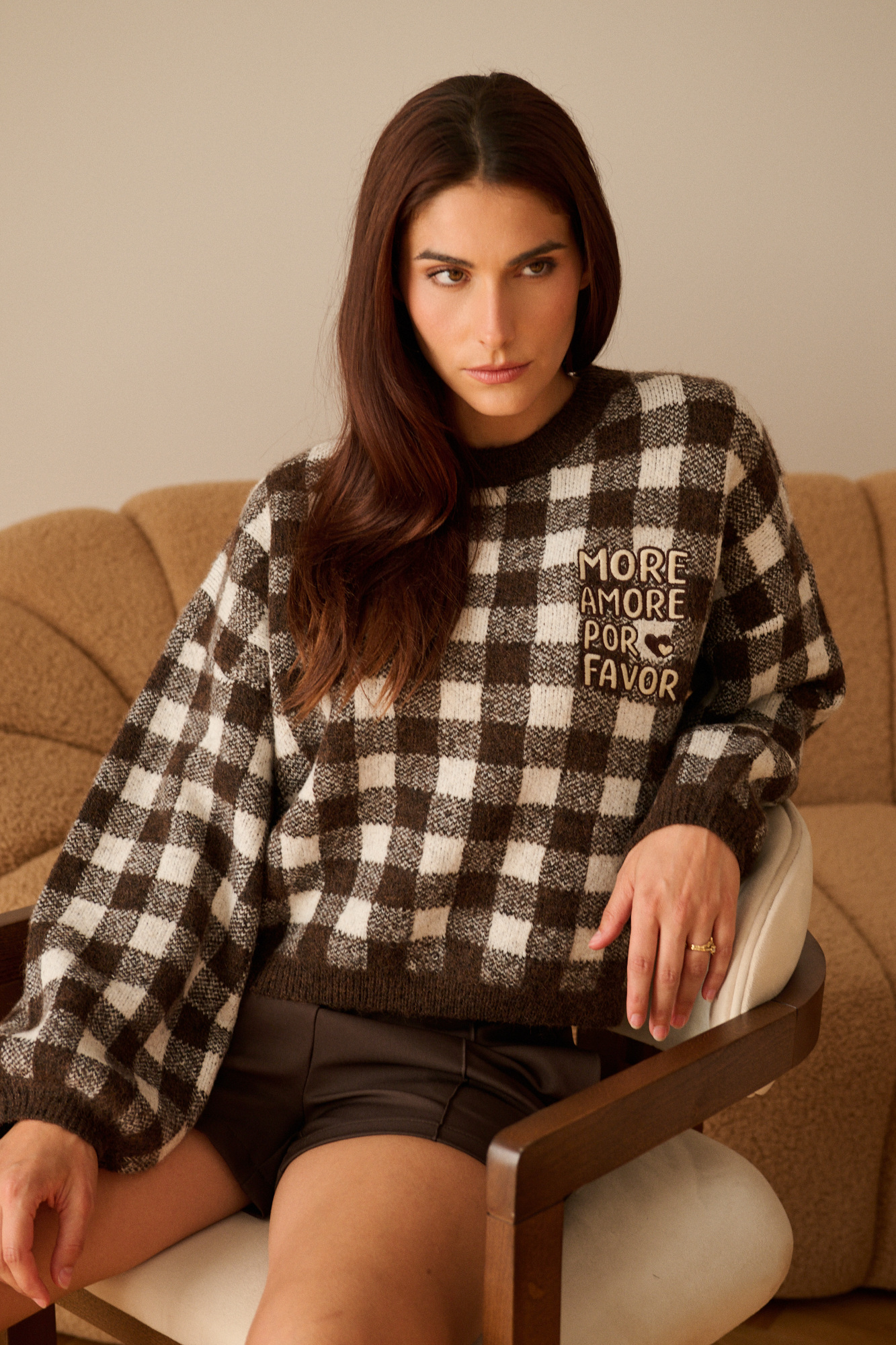 Wholesaler Golden Live - Plaid sweater with embroidered message