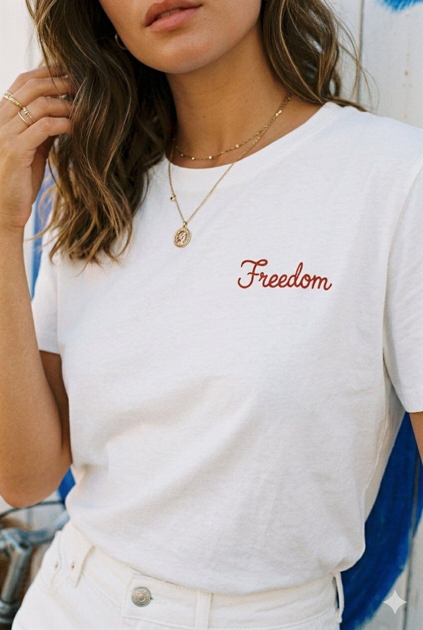 Grossista Golden Live - T-shirt in cotone ricamato FREEDOM