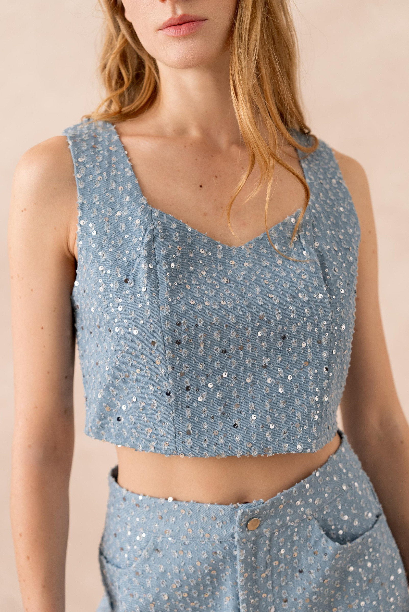 Wholesaler Golden Live - Denim top with rhinestones