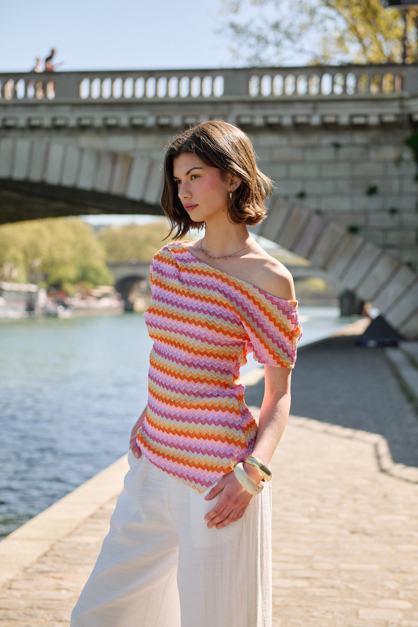 Grossista Golden Live - Top asimmetrico a maglia zigzag per ragazza