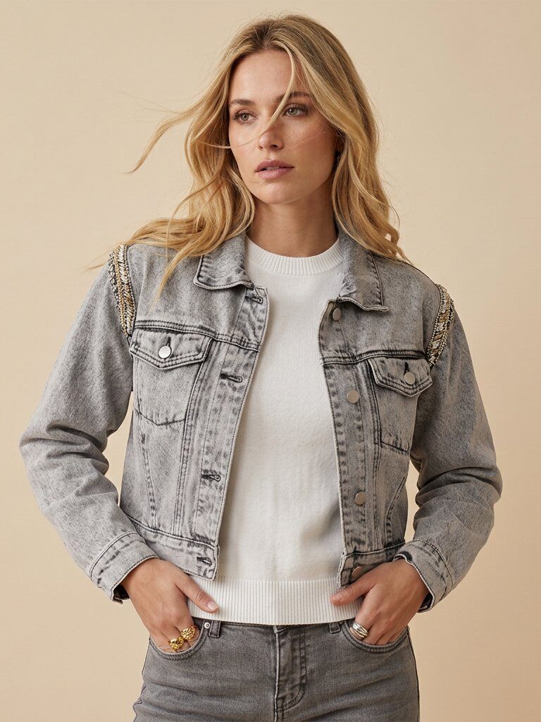 Grossiste Golden Live - Veste en jean croppé gris avec strass