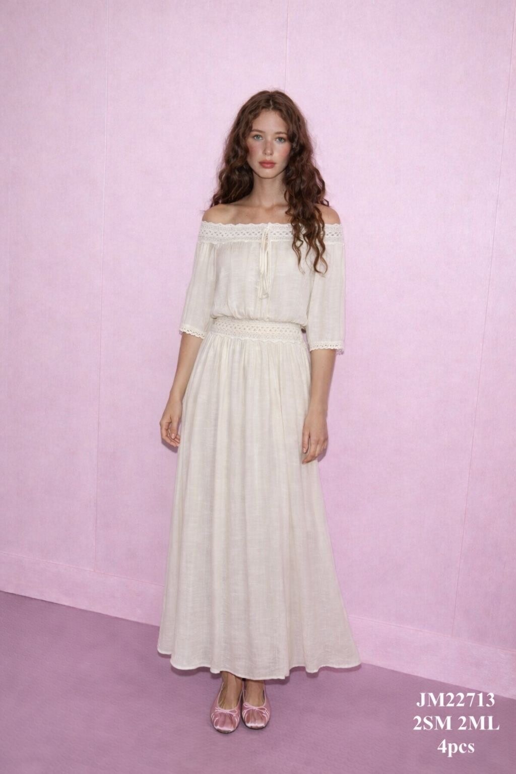 Flowy long dress with off-the-shoulder design and short sleeves | Paris  Fashion Shops