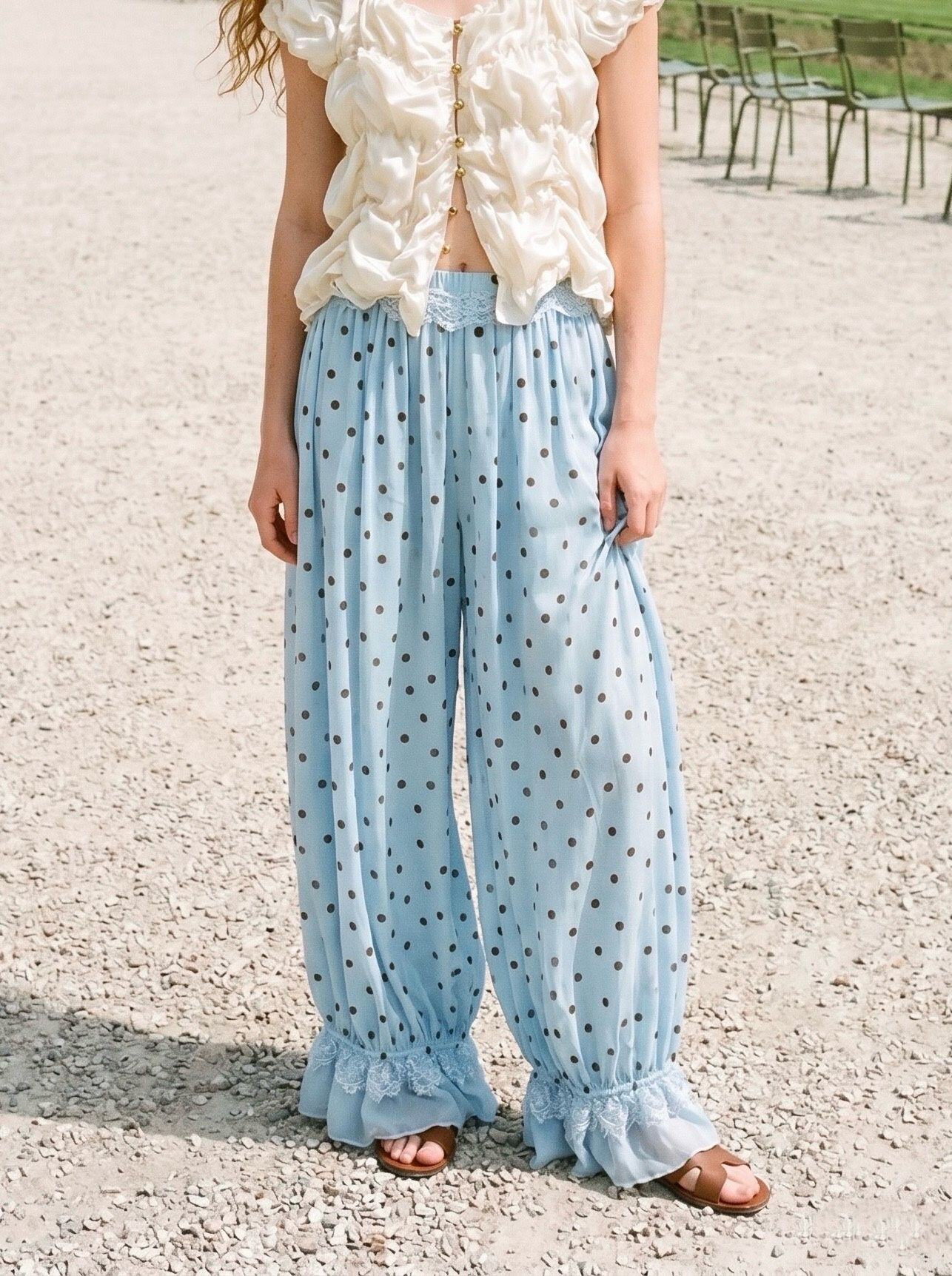Wholesaler Goldendays - Flowy polka dot pants with cinched hem and lace
