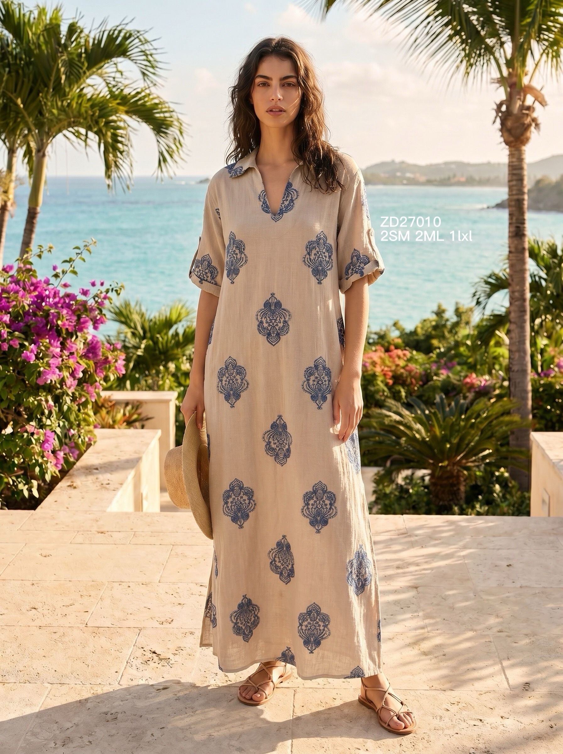 Grossiste Goldendays - Robe longue imprimée à manches courtes avec col ouvert