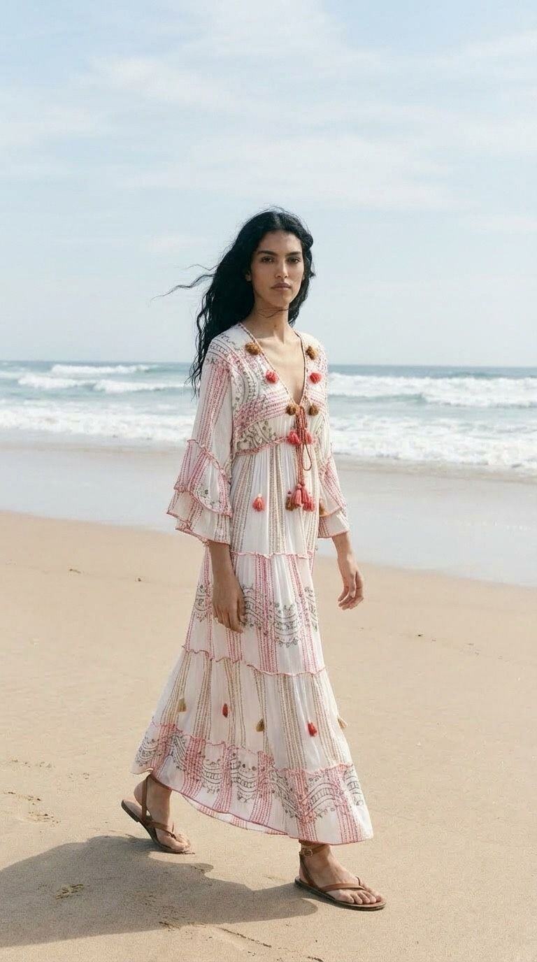 Mayorista Goldendays - Vestido largo estampado con mangas acampanadas y borlas