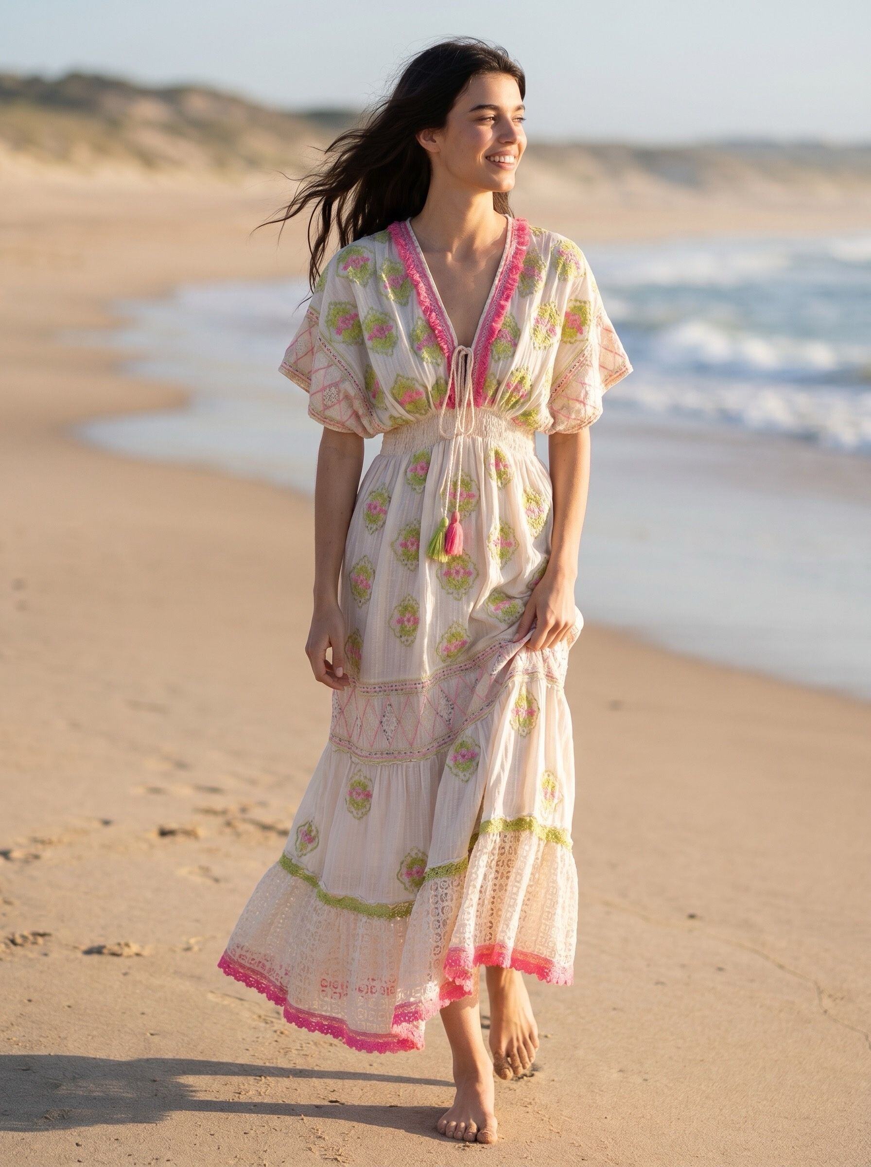Grossiste Goldendays - Robe longue imprimée à manches courtes avec taille smockée
