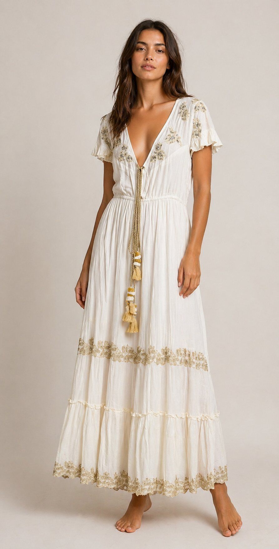 Grossiste Goldendays - Robe longue brodée à manches courtes avec décolleté V et pompons