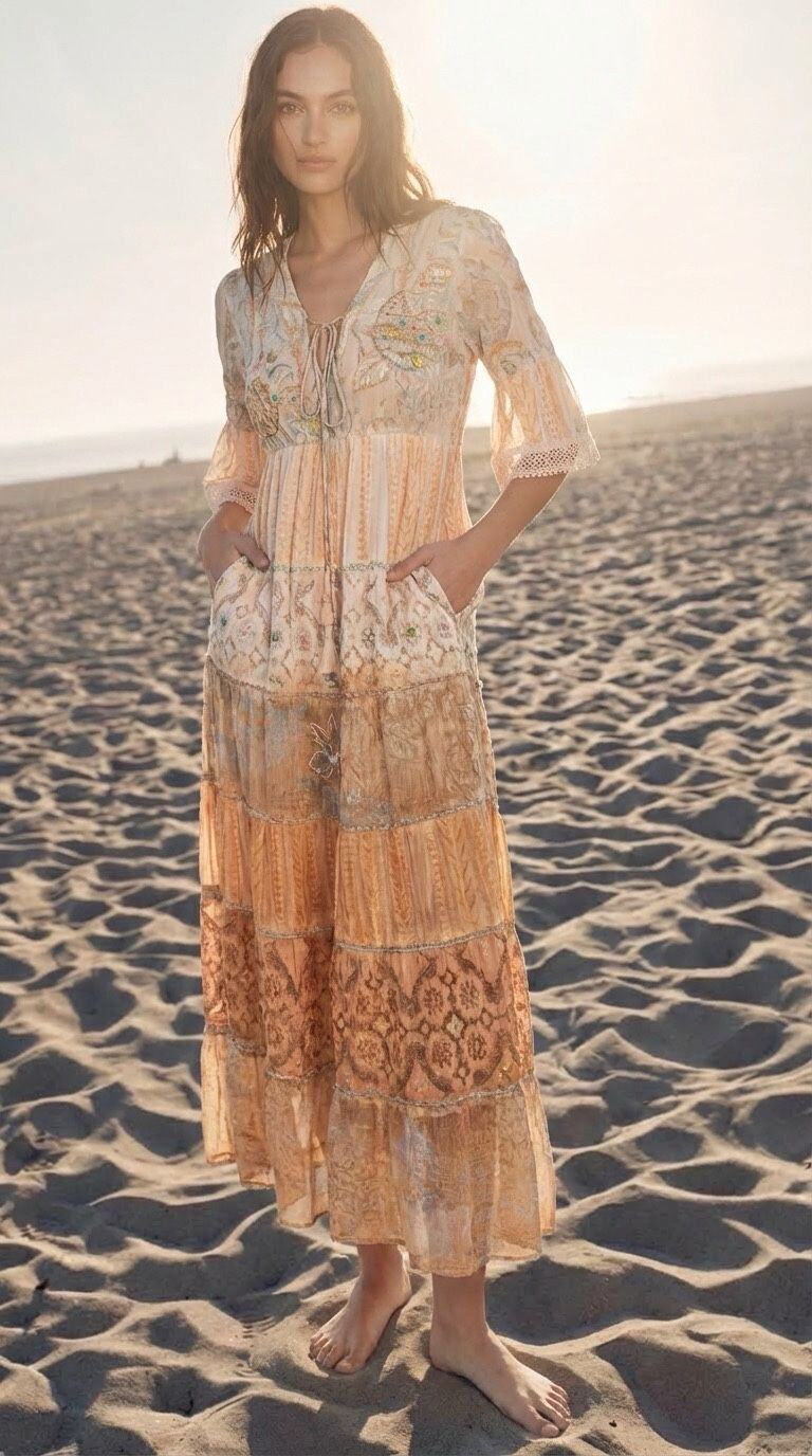 Mayorista Goldendays - Vestido largo con mangas cortas, cuello en V y detalles bordados