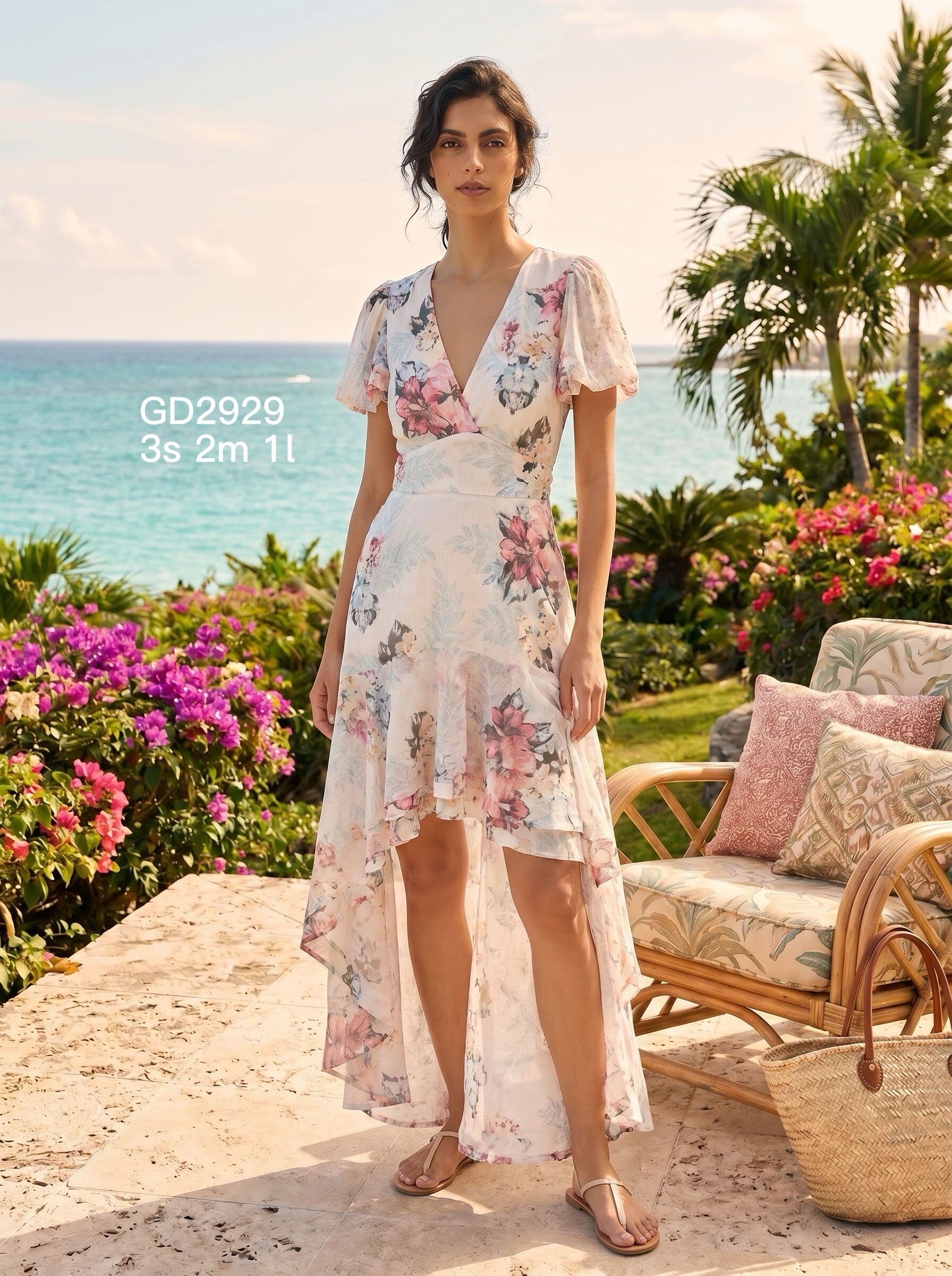 Grossiste Goldendays - Robe fleurie asymétrique à manches courtes et col portefeuille