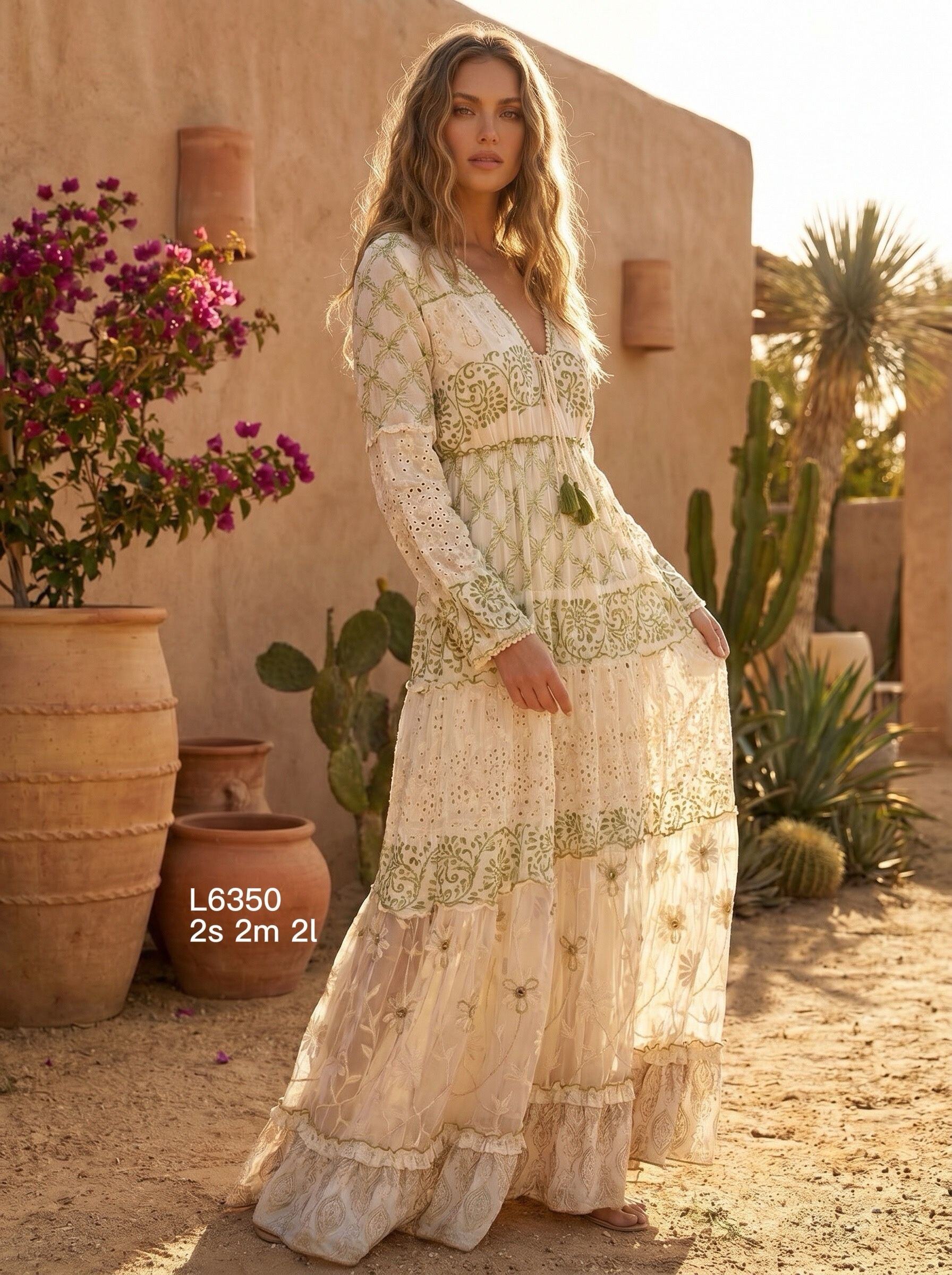 Mayorista Goldendays - Vestido largo bordado con cuello en V y detalles de encaje