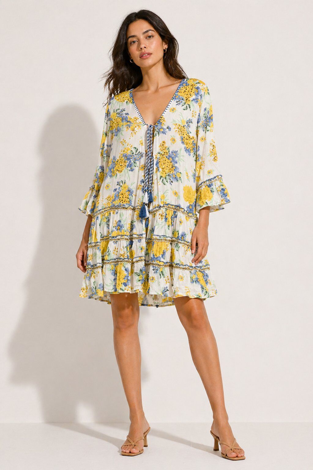 Wholesaler Goldendays - Short printed dress with ruffles and pompom tie