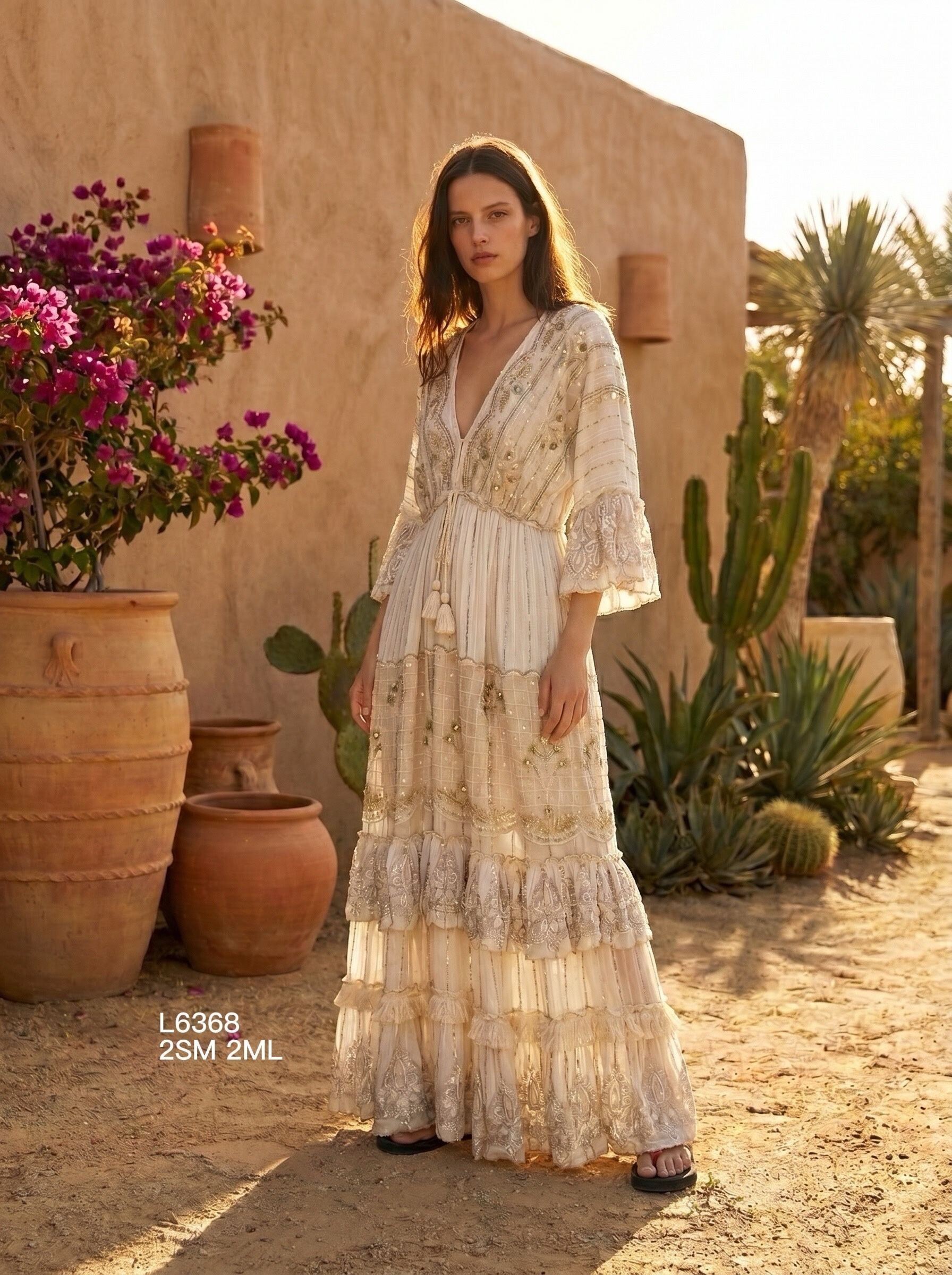 Mayorista Goldendays - Vestido largo bordado con cuello en V y mangas con volantes