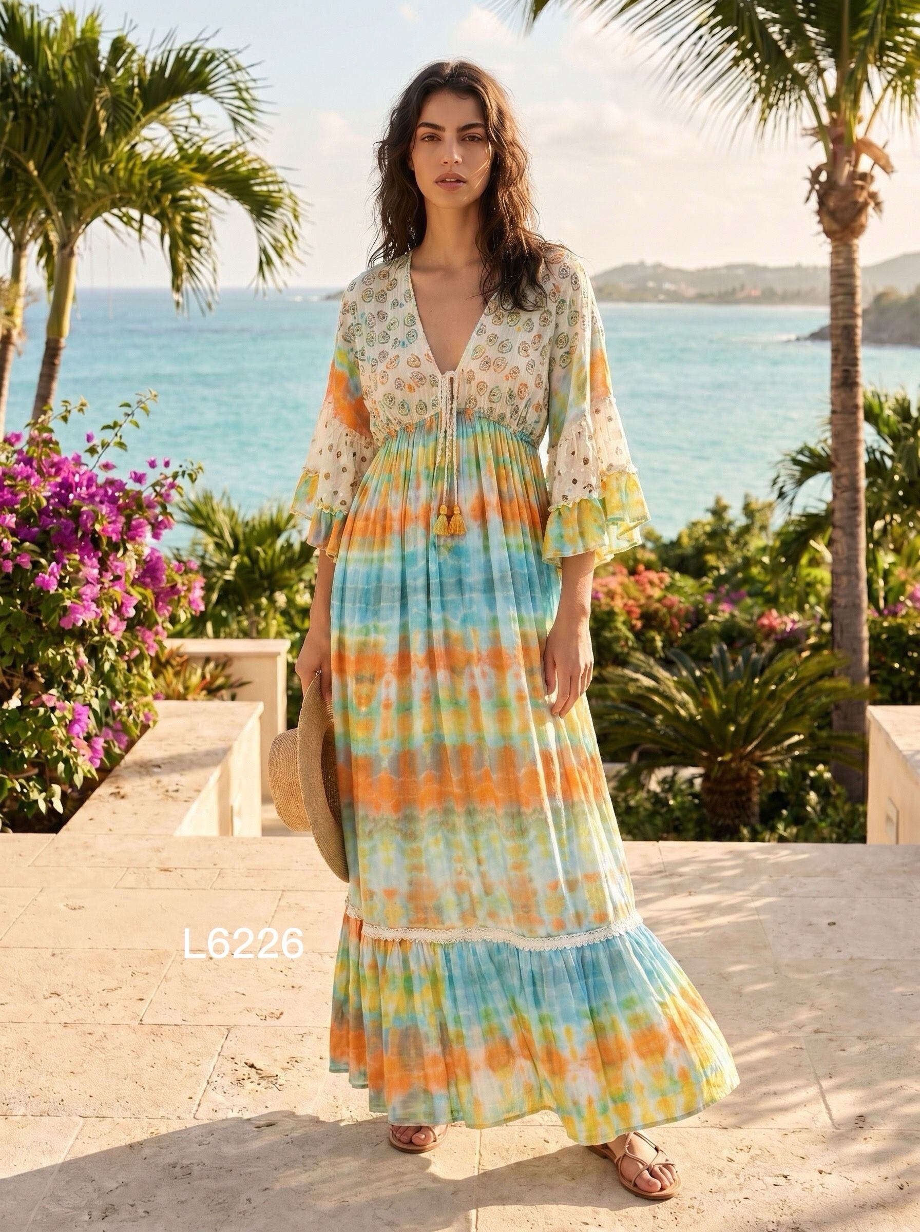 Grossiste Goldendays - Robe longue imprimée à manches volantées et col V
