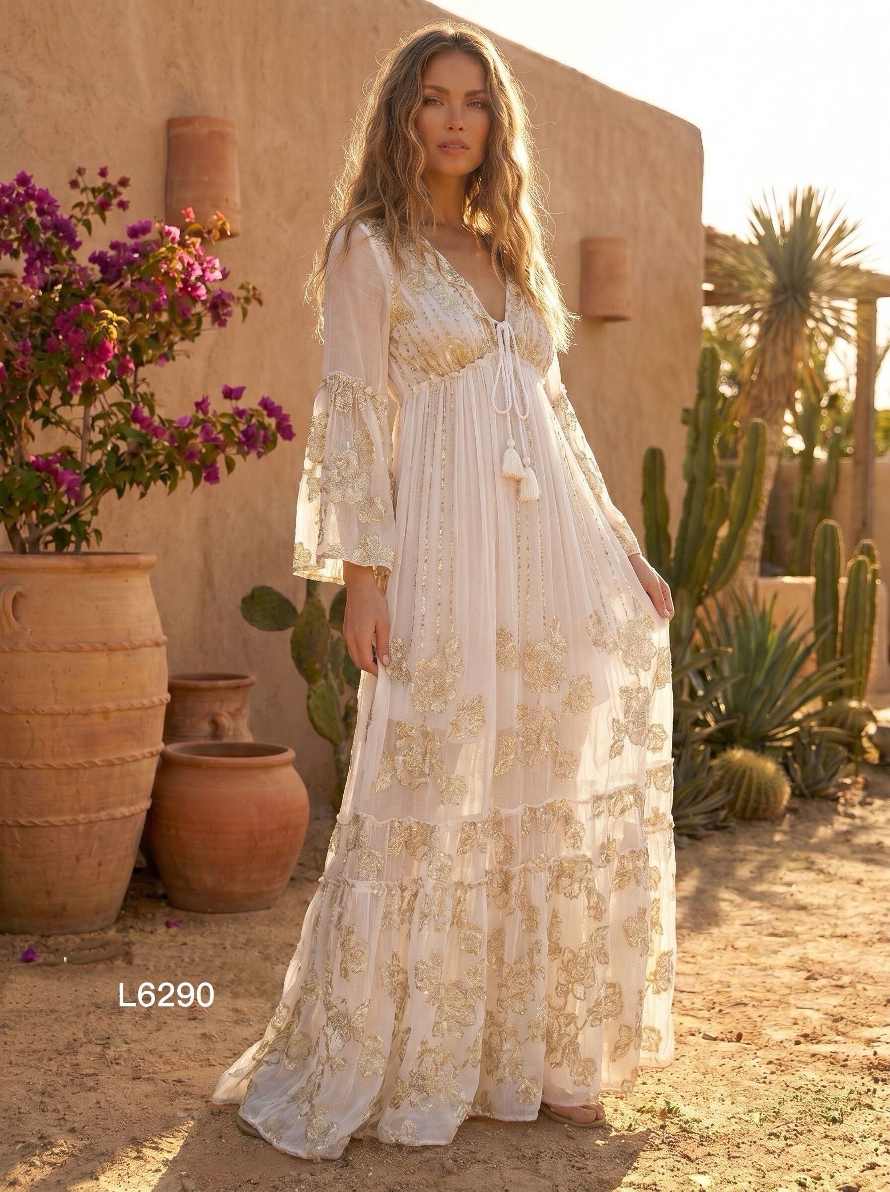 Mayorista Goldendays - Vestido largo bordado con mangas largas y lazo para atar