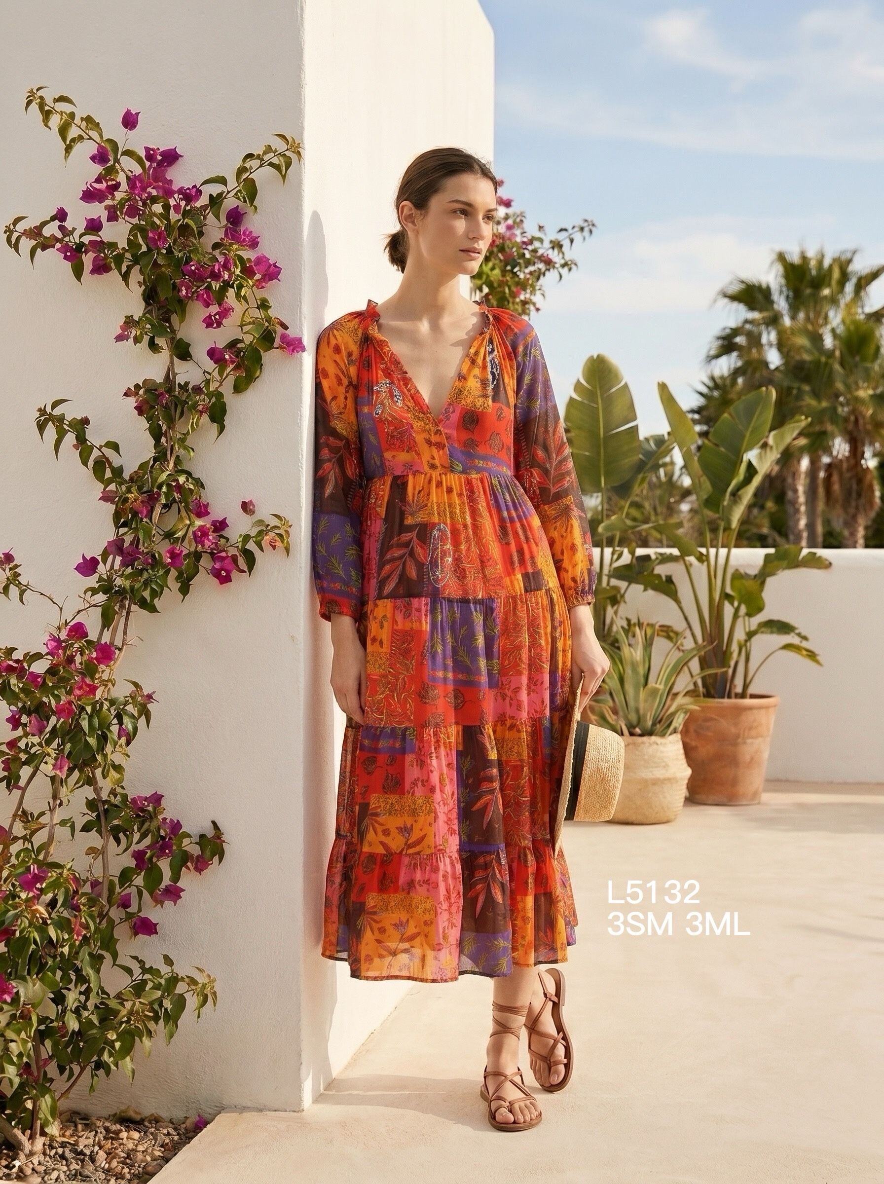 Grossiste Goldendays - Robe longue imprimée à col V et manches longues