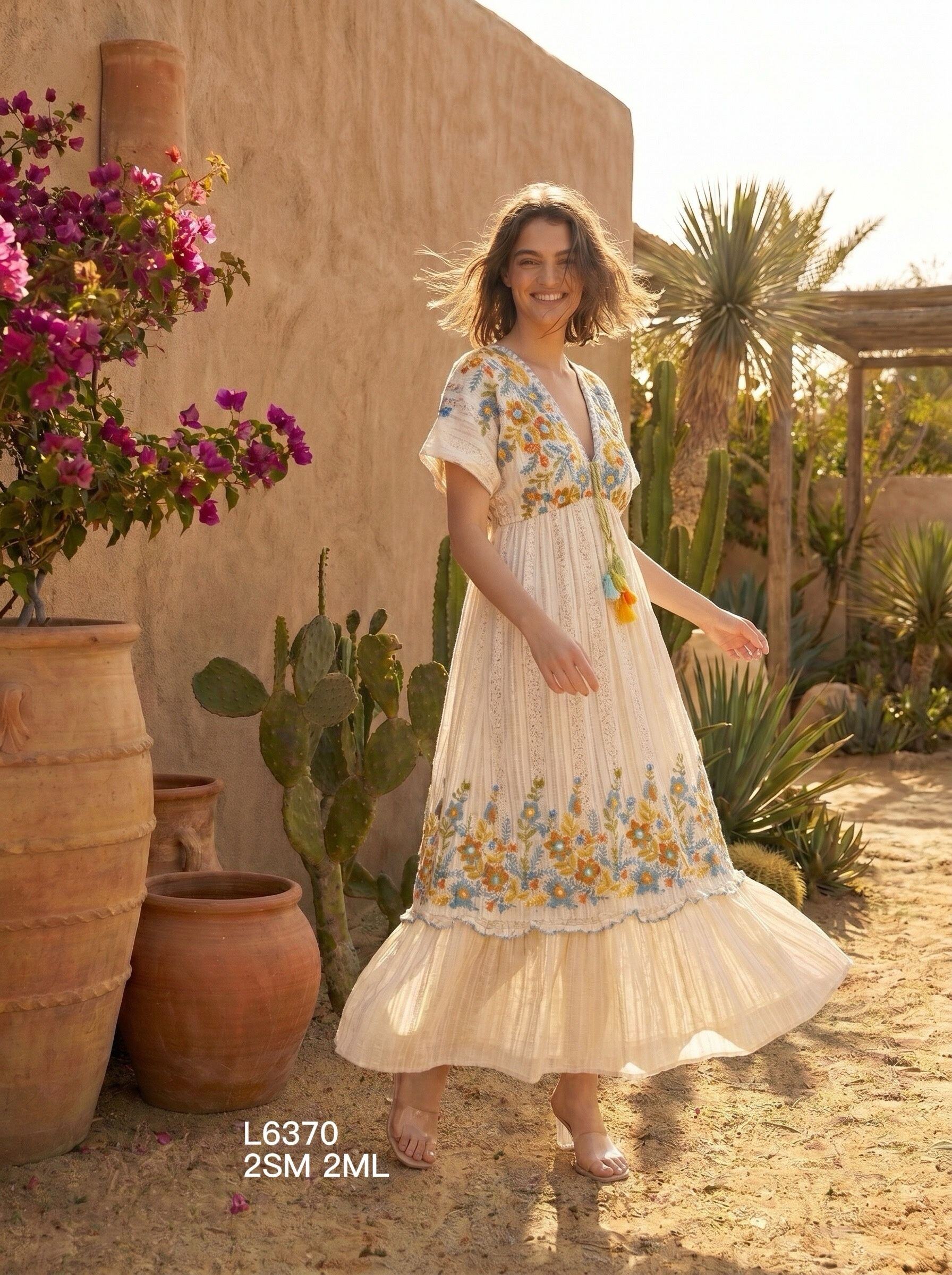 Mayorista Goldendays - Vestido largo bordado con mangas cortas y cuello en V