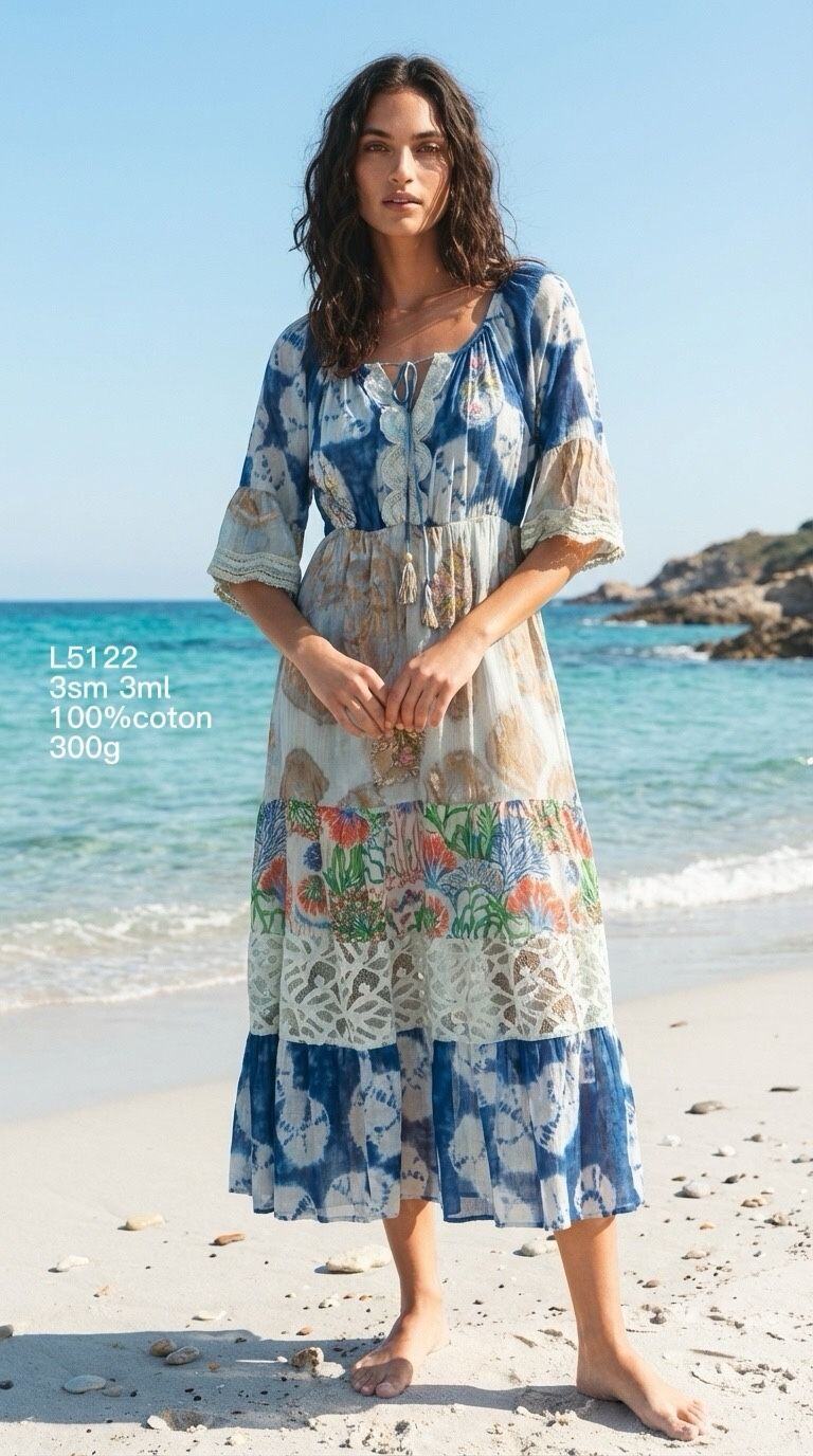 Mayorista Goldendays - Vestido midi estampado con mangas acampanadas y cinturón para atar